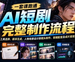 一套课跑通AI短剧完整制作流程：从工具选择、剧本生成、人物场景设计到镜头制作、剪辑配音及成片变现