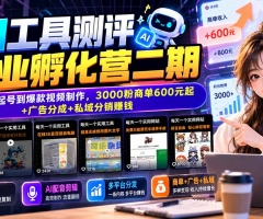 AI工具测评副业孵化营二期：从账号起号到爆款视频制作，3000粉商单600元起+广告分成+私域分销赚钱