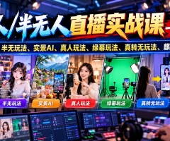 无人/半无人直播实战课-10月20更新：纯无玩法、半无玩法、实景AI、真人玩法、绿幕玩法、真转无玩法、麒麟臂摇手等