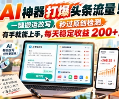 AI神器打爆头条流量，一键搬运改写，秒过原创检测，有手就能上手，每天稳定收益200+！【揭秘】