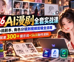 【无水印】2026AI漫剧全套实战课：从小说剧本、角色分镜到视频剪辑全流程，配套300+提示词+Skill制作资料