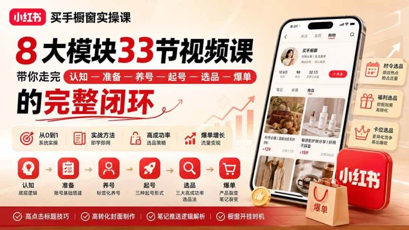 小红书买手橱窗实操课：8大模块33节视频课，带你走完”认知—准备—养号—起号—选品—爆单”的完整闭环-1.jpg