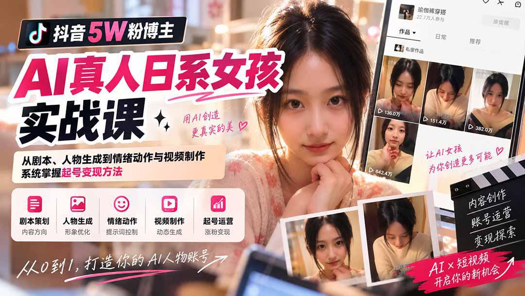 抖音5W粉博主AI真人日系女孩实战课：从剧本、人物生成到情绪动作与视频制作，系统掌握起号变现方法-2.jpeg