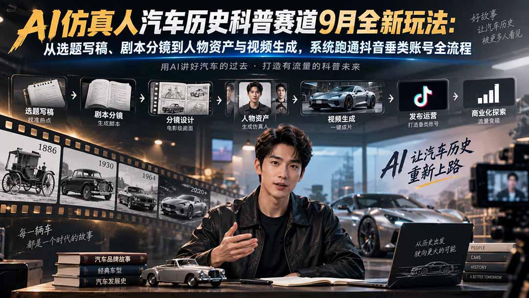 AI仿真人汽车历史科普赛道9月全新玩法：从选题写稿、剧本分镜到人物资产与视频生成，系统跑通抖音垂类账号全流程-1.jpeg