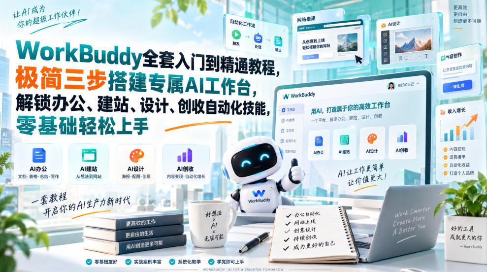 WorkBuddy全套入门到精通教程，极简三步搭建专属AI工作台，解锁办公、建站、设计、创收自动化技能，零基础轻松上手-1.jpeg