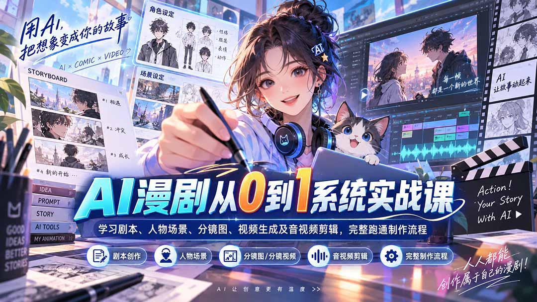 AI漫剧从0到1系统实战课：学习剧本、人物场景、分镜图、视频生成及音视频剪辑，完整跑通制作流程-1.jpeg