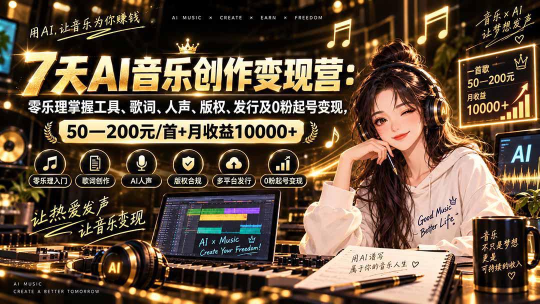 AI音乐创作变现营：零乐理掌握工具、歌词、人声、版权、发行及0粉起号变现，50—200元/首+月收益10000+-1.jpeg
