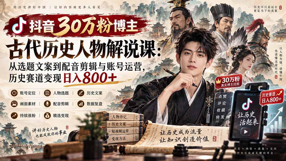 抖音30万粉博主古代历史人物解说课：从选题文案到配音剪辑与账号运营，历史赛道变现日入800+-1.jpeg