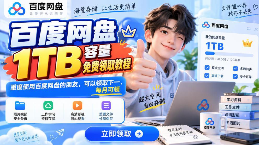 百度网盘1TB容量免费领取教程，重度使用百度网盘的朋友，可以领取下一，每月可领-1.jpeg