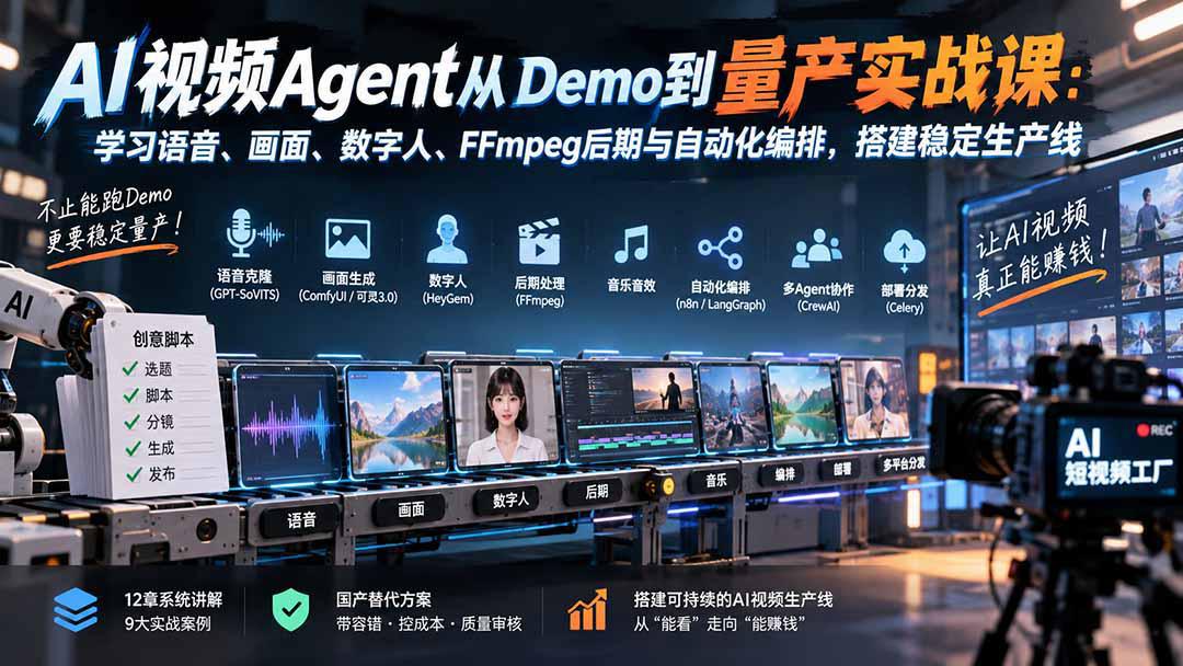 AI视频Agent从Demo到量产实战课：学习语音、画面、数字人、FFmpeg后期与自动化编排，搭建稳定生产线-1.jpeg