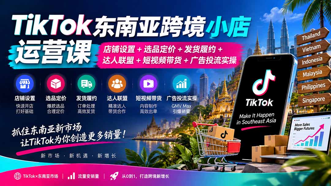 TikTok东南亚跨境小店运营课：店铺设置+选品定价+发货履约+达人联盟+短视频带货+广告投流实操-1.jpeg