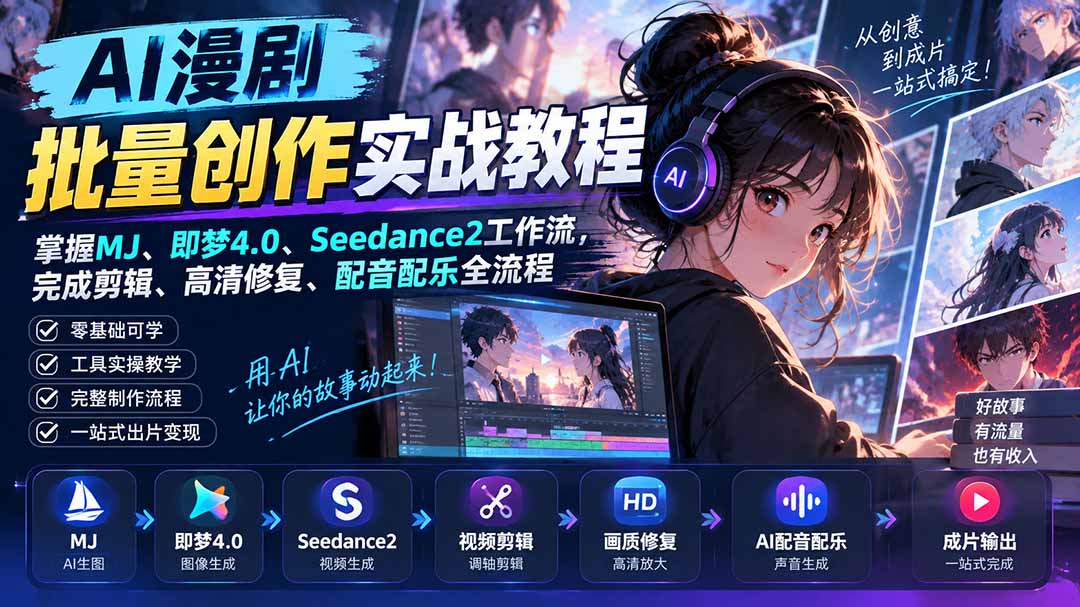 AI漫剧批量创作实战教程：掌握MJ、即梦4.0、Seedance2工作流，完成剪辑、高清修复、配音配乐全流程-1.jpeg