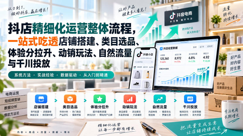 李哥电商-抖店精细化运营整体流程，一站式吃透店铺搭建、类目选品、体验分拉升、动销玩法、自然流量与千川投放-1.jpeg
