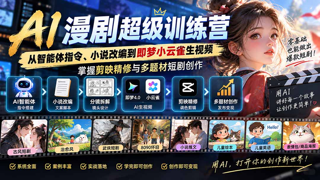 AI漫剧超级特训营：从智能体指令、小说改编到即梦小云雀生视频，掌握剪映精修与多题材短剧创作-1.jpeg