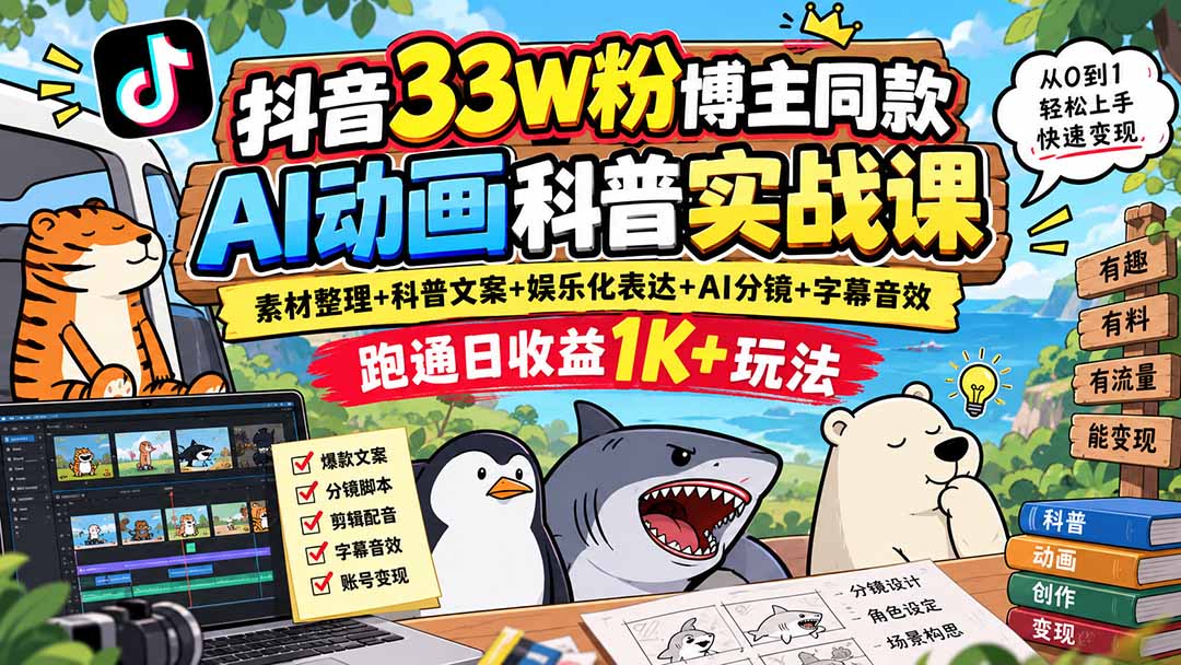 抖音33W粉博主同款AI动画科普实战课｜素材整理+科普文案+娱乐化表达+AI分镜+字幕音效，跑通日收益1K+玩法-2.jpeg