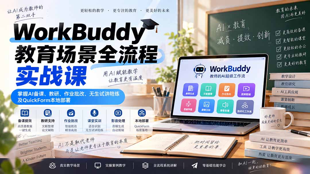 WorkBuddy教育场景全流程实战课：掌握AI备课、教研、作业批改、无生试讲陪练及QuickForm本地部署-1.jpeg