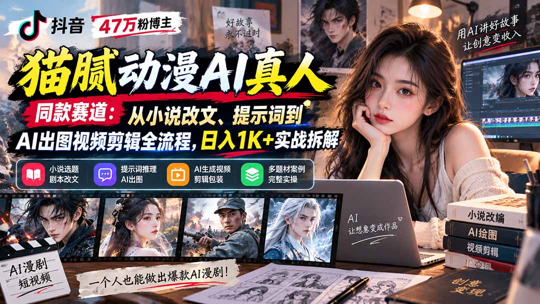抖音47万粉博主猫腻动漫AI真人同款赛道：从小说改文、提示词到AI出图视频剪辑全流程，日入1K+实战拆解-1.jpeg