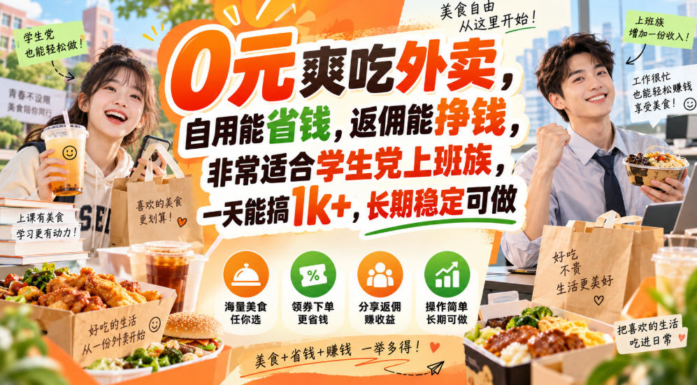 0元爽吃外卖，自用能省钱，返佣能挣钱，非常适合学生党上班族，一天能搞1k+，长期稳定可做-1.jpeg