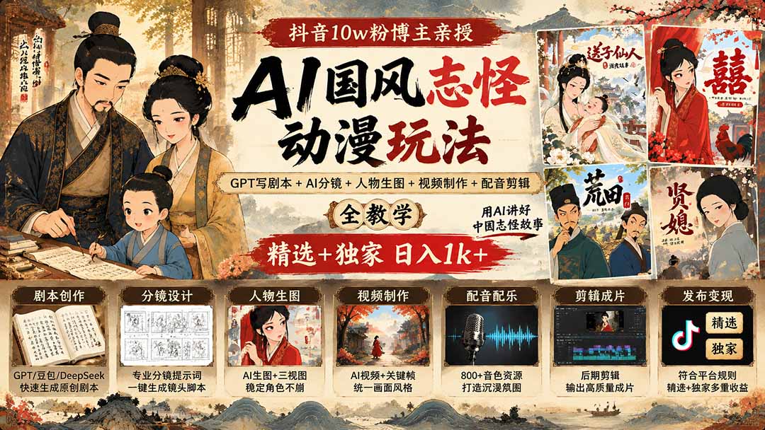 抖音10w粉博主亲授AI国风志怪动漫玩法｜GPT写剧本+AI分镜+人物生图+视频制作+配音剪辑全教学｜精选+独家日入1k+-1.jpeg
