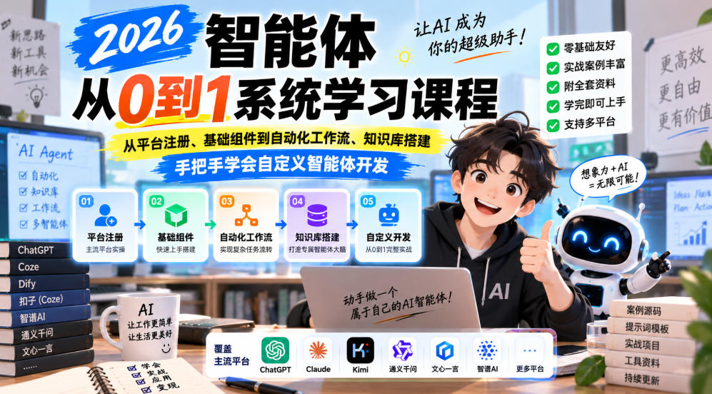 2026智能体从0到1系统学习课程，从平台注册、基础组件到自动化工作流、知识库搭建，手把手学会自定义智能体开发-1.jpeg
