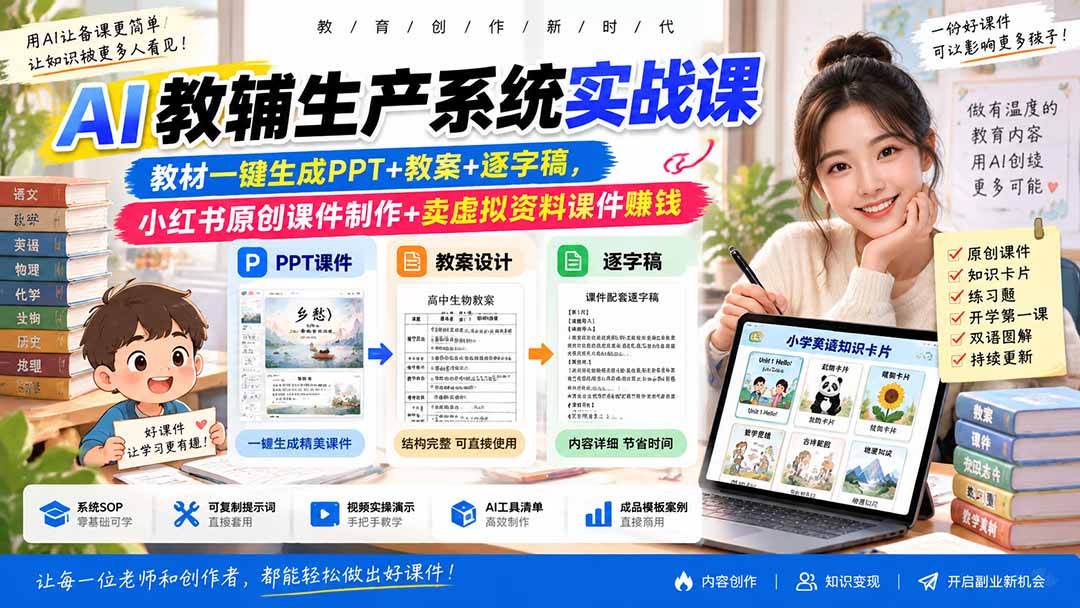 AI教辅生产系统实战课｜教材一键生成PPT+教案+逐字稿，小红书原创课件制作+卖虚拟资料课件赚钱-1.jpeg
