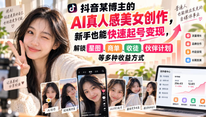 抖音某博主的AI真人感美女创作，新手也能快速起号变现，解锁星图，商单，收徒，伙伴计划等多种收益方式-1.jpeg