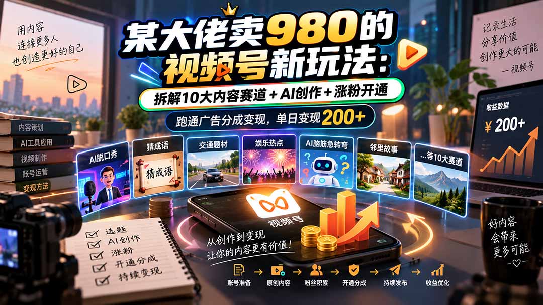 某大佬卖980的视频号新玩法：拆解10大内容赛道+AI创作+涨粉开通，跑通广告分成变现，单日变现200+-1.jpeg