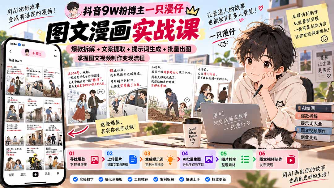 抖音9W粉博主一只漫仔图文漫画课：爆款拆解+文案提取+提示词生成+批量出图，掌握图文视频制作变现流程-1.jpeg
