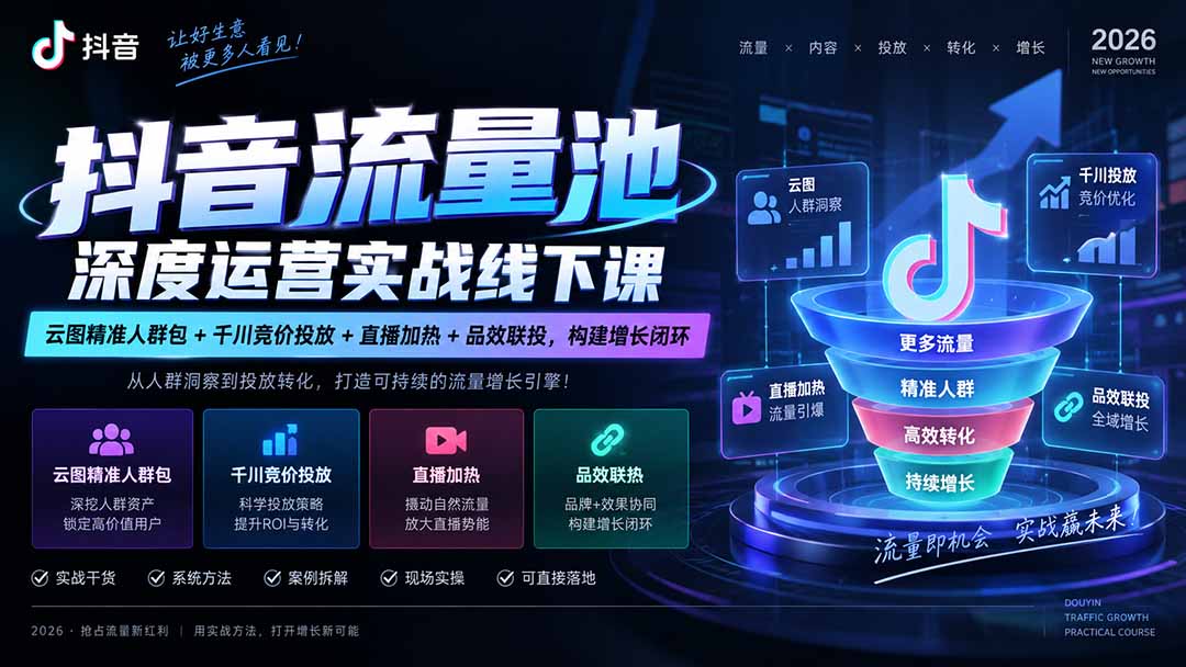 抖音流量池深度运营实战线下课｜云图精准人群包+千川竞价投放+直播加热+品效联投，构建增长闭环-1.jpeg