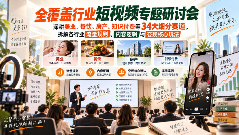短视频专题研讨会，深耕美业、餐饮、房产、知识付费等34大细分赛道，拆解各行业流量规则、内容逻辑与变现核心玩法-1.jpeg