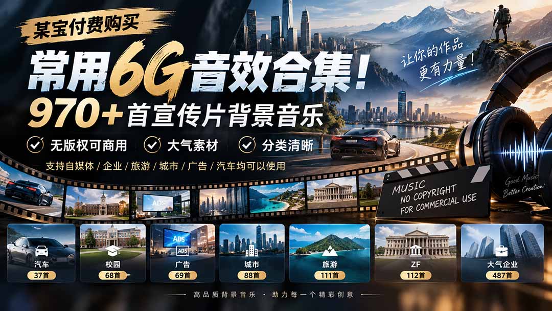 某宝付费购买，常用6G音效合集！970+首宣传片背景音乐，无版权可商用大气素材，分类清晰-1.jpeg