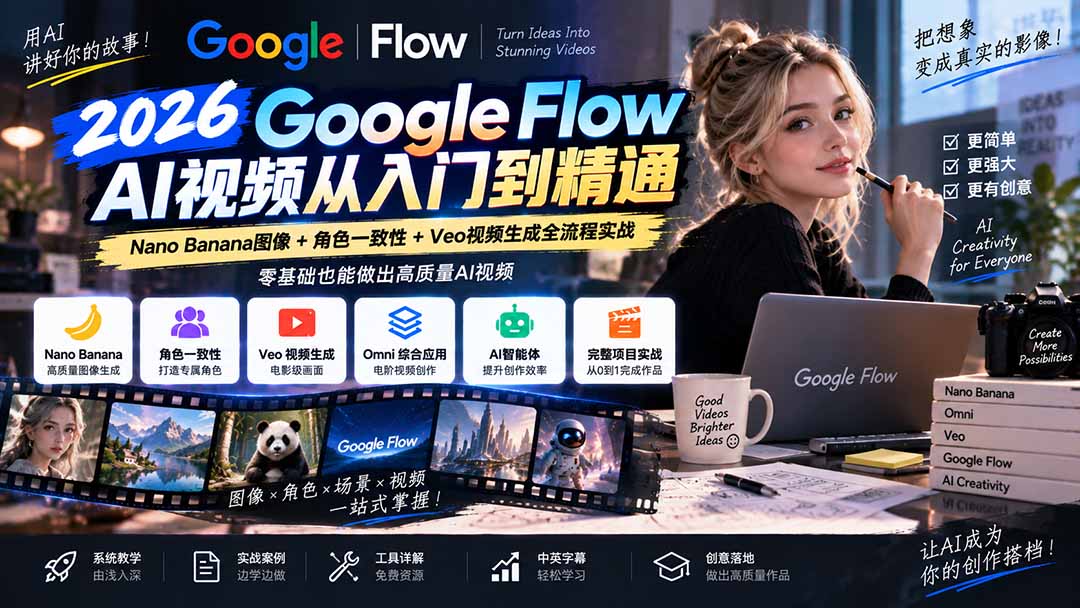 【无水印】Google Flow AI视频从入门到精通：Nano Banana图像+角色一致性+Veo视频生成全流程实战-精翻中英字幕-1.jpeg
