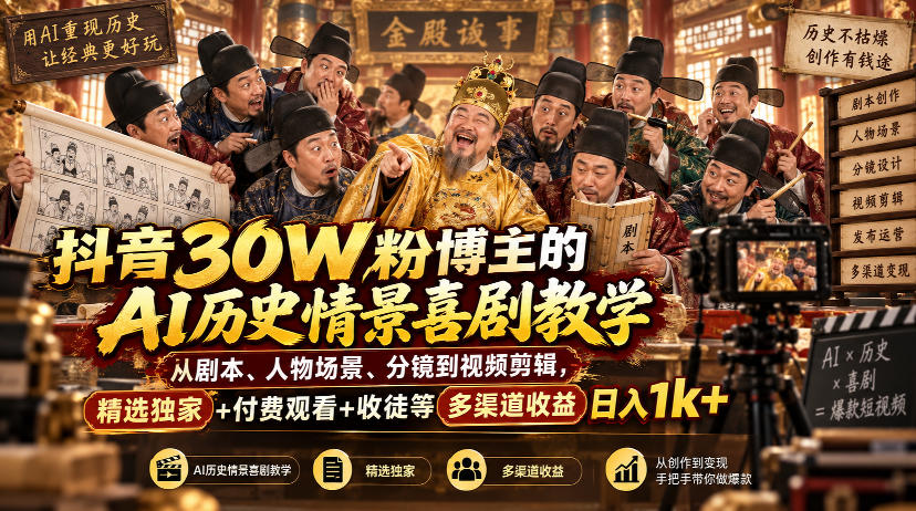 抖音30W粉博主的AI历史情景喜剧教学，从剧本、人物场景、分镜到视频剪辑，精选独家+付费观看+收徒等多渠道收益日入1k+-1.jpeg