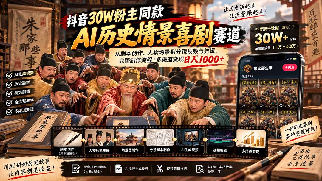 抖音30W粉博主同款AI历史情景喜剧赛道：从剧本创作、人物场景到分镜视频与剪辑，完整制作流程+多渠道变现日入1000+-1.jpeg