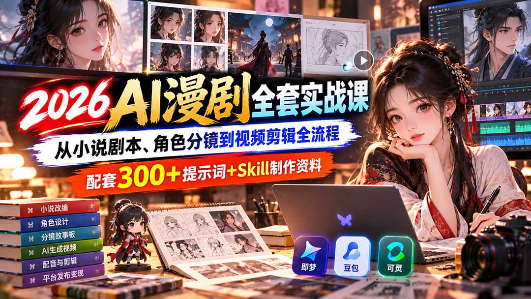 【无水印】2026AI漫剧全套实战课：从小说剧本、角色分镜到视频剪辑全流程，配套300+提示词+Skill制作资料-2.jpeg