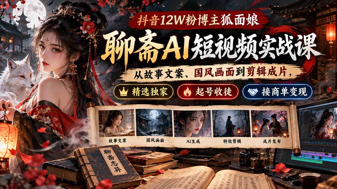 抖音12W粉博主狐面娘-聊斋AI短视频实战课：从故事文案、国风画面到剪辑成片，精选独家+起号收徒+接商单变现-1.jpeg