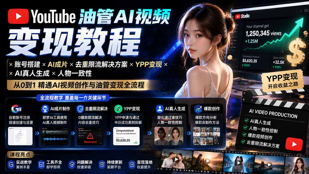 YouTube油管AI视频变现教程-更新0926：账号搭建×AI成片×去重限流解决方案×YPP变现×AI真人生成×人物一致性-1.jpeg