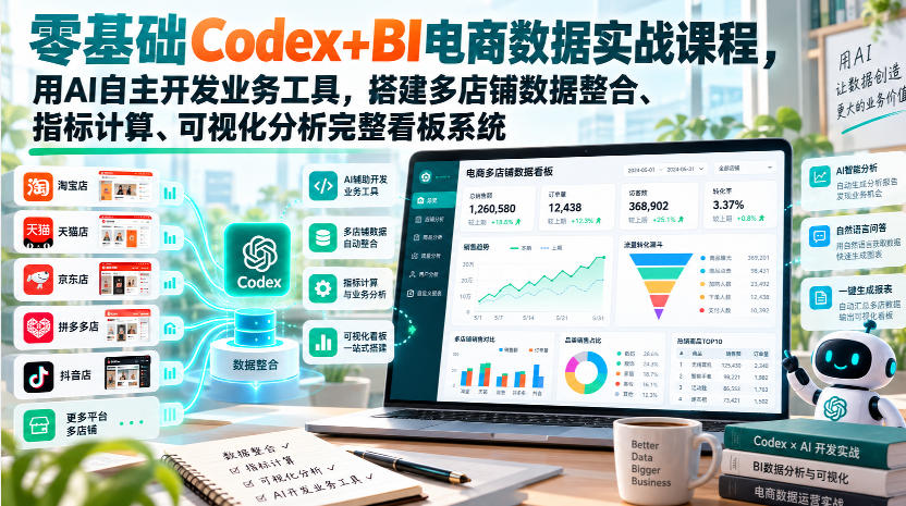 零基础Codex+BI电商数据实战课程，用AI自主开发业务工具，搭建多店铺数据整合、指标计算、可视化分析完整看板系统-1.jpeg
