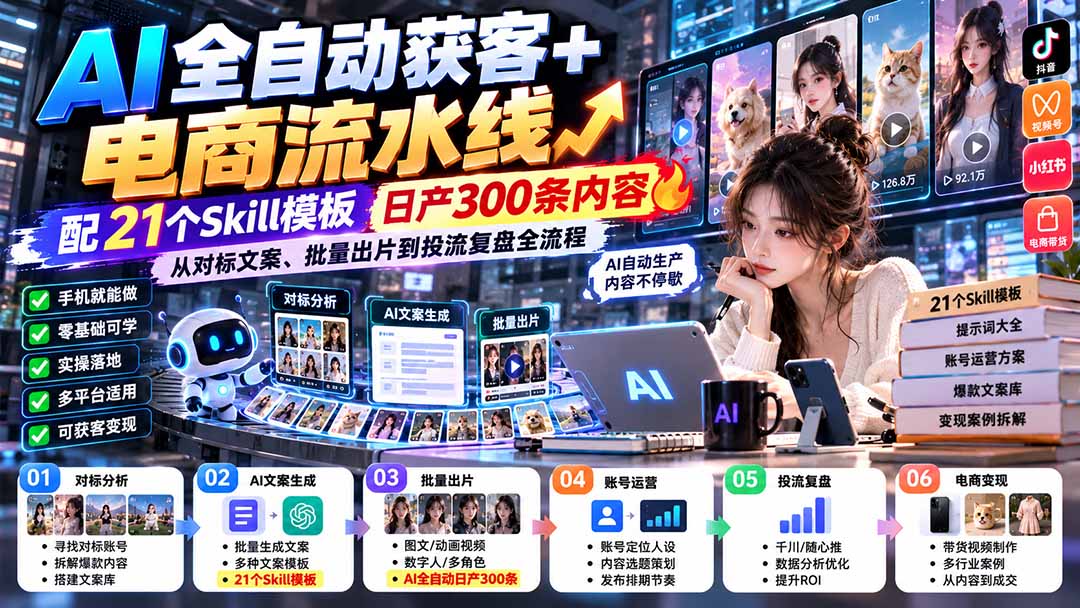 【无水印】AI全自动获客+电商流水线：配21个Skill模板，日产300条内容，从对标文案、批量出片到投流复盘全流程-1.jpeg
