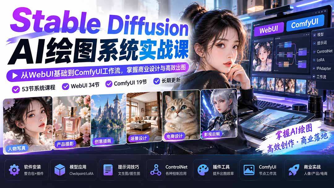 【无水印】Stable Diffusion AI绘图系统实战课：从WebUI基础到ComfyUI工作流，掌握商业设计与高效出图-1.jpeg