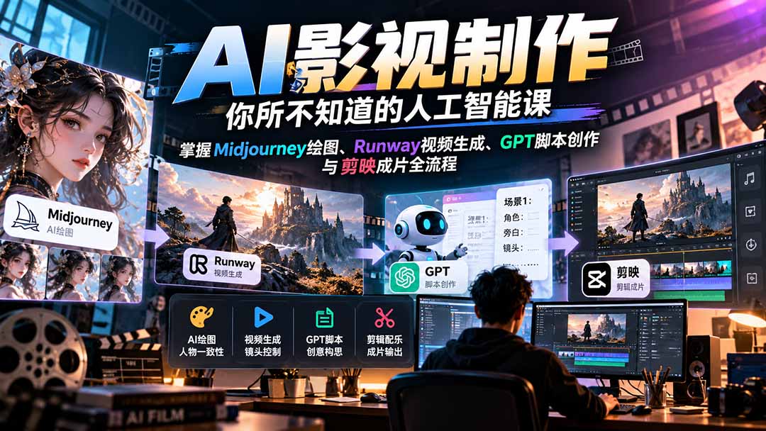 【无水印】AI影视制作-你所不知道的人工智能课，掌握Midjourney绘图、Runway视频生成、GPT脚本创作与剪映成片全流程-1.jpeg