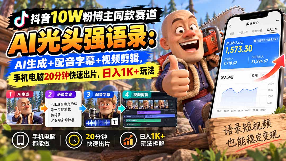 【无水印】抖音10W粉博主同款赛道AI光头强语录：AI生成+配音字幕+视频剪辑，手机电脑20分钟快速出片，日入1K+玩法-1.jpeg