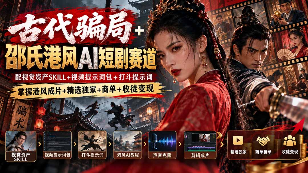 古代骗局+邵氏港风AI短剧赛道：配视觉资产SKILL+视频提示词包+打斗提示词，掌握港风成片+精选独家+商单+收徒变现-1.jpeg