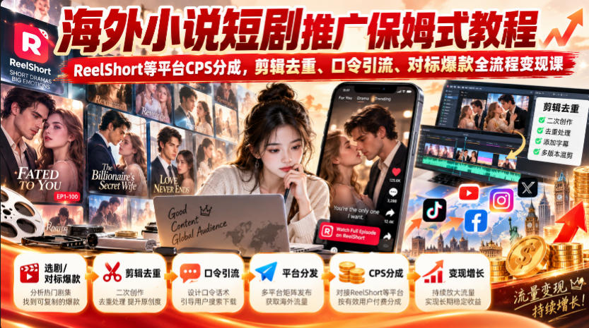 海外小说短剧推广保姆式教程｜ReelShort等平台CPS分成，剪辑去重、口令引流、对标爆款全流程变现课-1.jpeg