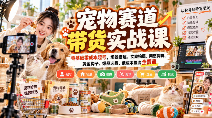 宠物赛道带货实战课，零基础零成本起号，场景搭建、文案拍摄、网感剪辑、黄金钩子、爆品选品、低成本投流全覆盖-1.jpeg