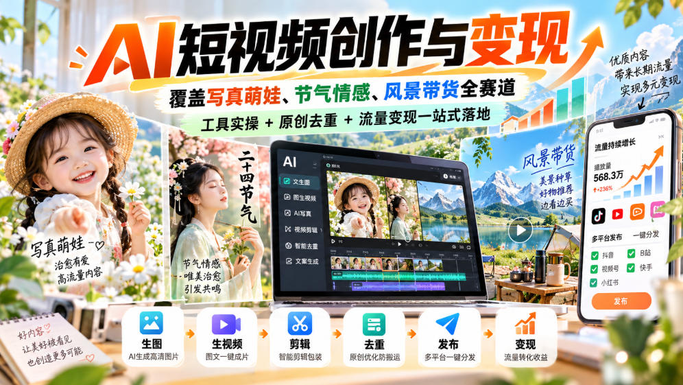 AI短视频创作与变现，覆盖写真萌娃、节气情感、风景带货全赛道，工具实操+原创去重+流量变现一站式落地-1.jpeg