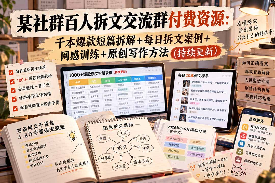 某社群百人拆文交流群付费资源-更新0929：千本爆款短篇拆解+每日拆文案例+网感训练+原创写作方法-1.jpeg