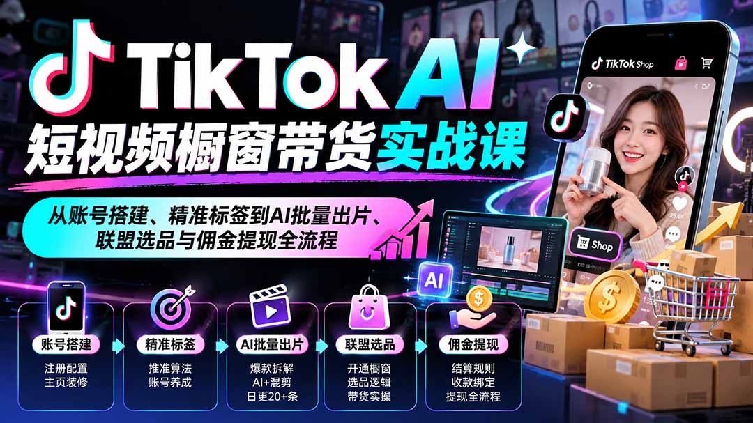 TikTok AI短视频橱窗带货实战课：从账号搭建、精准标签到AI批量出片、联盟选品与佣金提现全流程-1.jpeg
