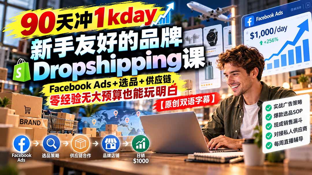90天冲1kday 新手友好的品牌Dropshipping课：Facebook Ads+选品+供应链，零经验无大预算也能玩明白【原创双语字幕】-1.jpeg
