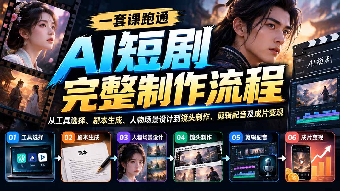 一套课跑通AI短剧完整制作流程：从工具选择、剧本生成、人物场景设计到镜头制作、剪辑配音及成片变现-1.jpeg